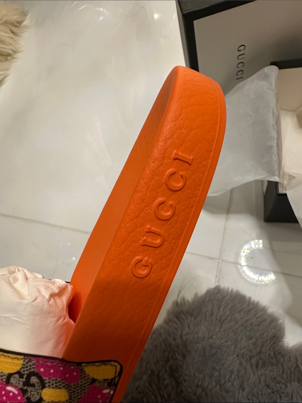 Gucci girls Orange Slides with Yellow & Pink Strawberry Print - Picture 4 of 8